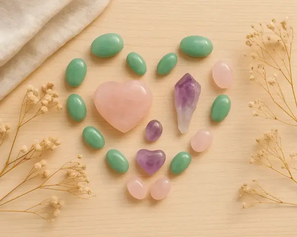 Cristales en forma de corazón y ovalados, incluyendo amatista y cuarzo rosa, dispuestos en un círculo. Una piedra equilibrio emocional.