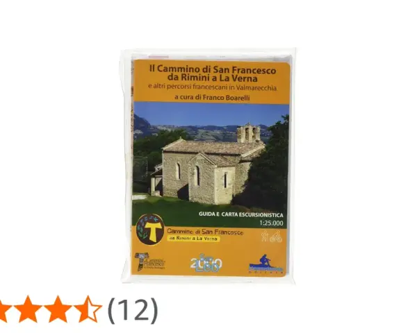 Guida e carta escursionistica per il cammino di San Francesco da Rimini a La Verna, con un'antica chiesetta sullo sfondo.