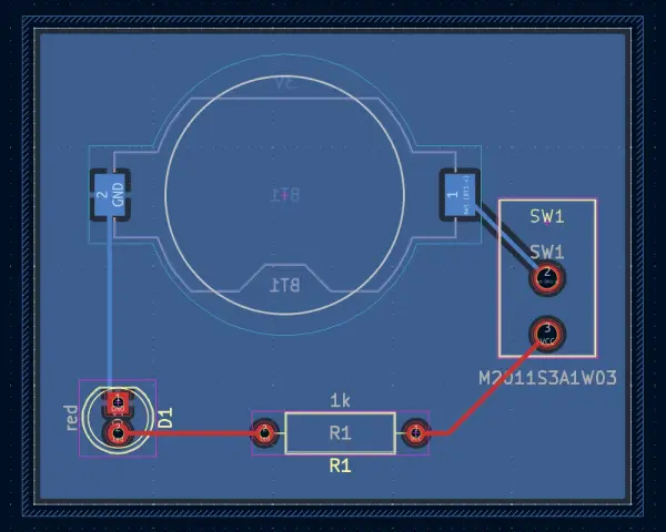 Schaltplan-Ansicht: GND, VCC, Widerstand R1 (1k), Diode D1 und Schalter SW1. Hilfreich, um die **Teilenummer herauszufinden**.
