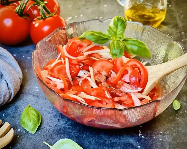 Frischer tomatensalat mit zwiebeln, garniert mit Basilikum. Daneben liegen frische Tomaten und ein Holzlöffel.