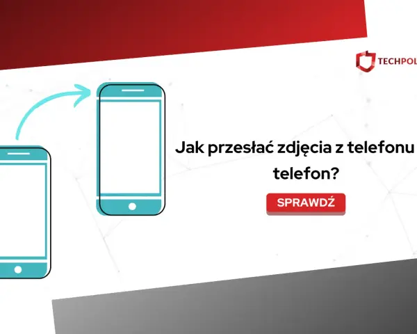 Ilustracja pokazuje, jak przesłać zdjęcia z telefonu na telefon. Strzałka symbolizuje transfer danych między urządzeniami.