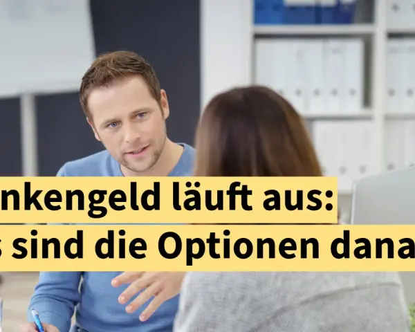 Mann erklärt einer Frau, wie lange Krankengeld gezahlt wird und welche Optionen es danach gibt.