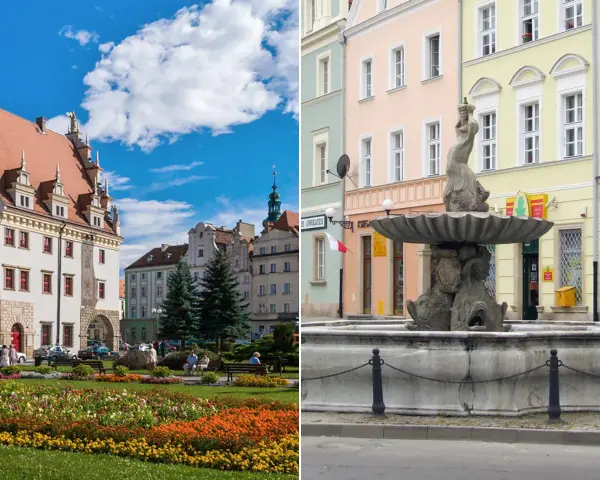 Nysa atrakcje: kolorowy rynek z fontanną i kamienicami, zielony skwer z kwiatami i ławkami.