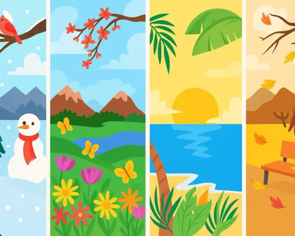 Cuatro escenas que ilustran las estaciones del año en francés: invierno nevado, primavera florida, verano playero y otoño con hojas cayendo.