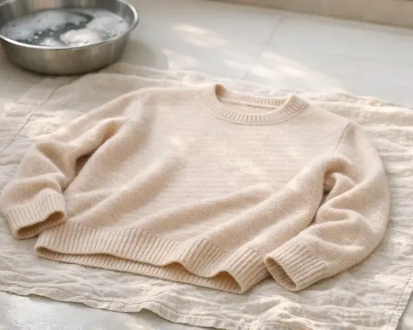 Un pull en laine beige est posé sur une serviette, prêt à laver la laine. Un bol d'eau savonneuse est à proximité.