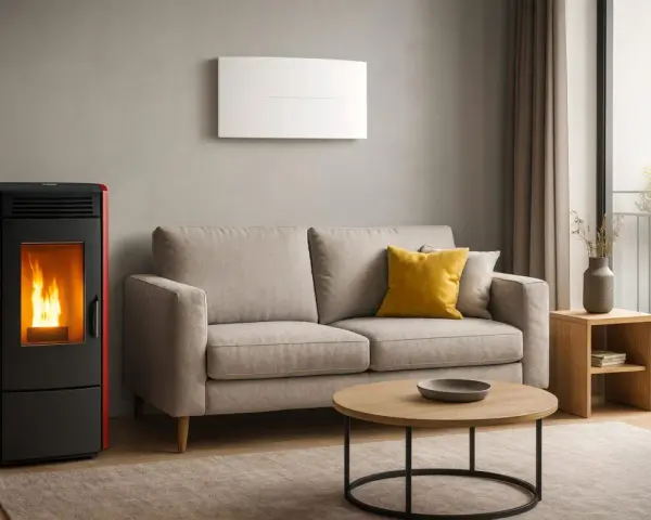 Stufa a pellet moderna con fiamme vive, accanto a un divano beige e un tavolino. Un'elegante soluzione per riscaldare casa, attenzione al monossido di carbonio.