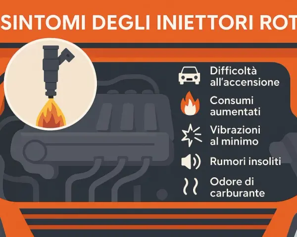Sintomi di iniettori macchina rotti: difficoltà all'accensione, consumi aumentati, vibrazioni, rumori e odore di carburante.