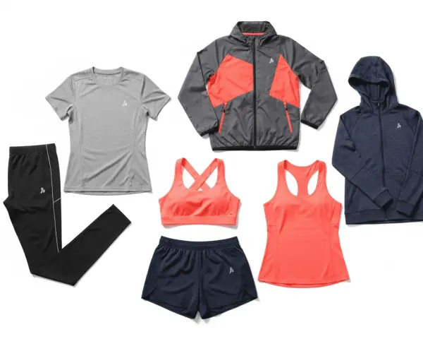 Ensemble de vêtements de sport pour femme : legging noir, t-shirt gris, brassière et short corail, débardeur corail, veste grise et corail, sweat à capuche bleu marine. Le tissu technique sport assure confort et performance.
