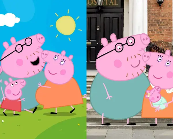 Rodzina Świnki Peppy: tata Świnka, mama Świnka, Peppa, George i niemowlę. Przyjaciele Peppy, ich imiona to: Suzy Owca, Danny Pies, Rebecca Królik.