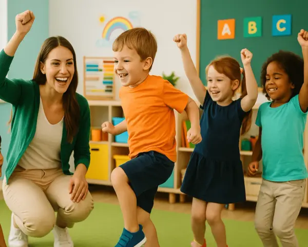 Niños y maestra celebran, mostrando su **capacidad psicomotriz** con alegría en un aula colorida.
