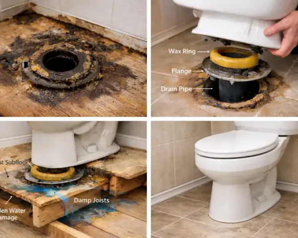 Illustrates toilet wax ring replacement, showing a damaged flange, a new wax ring, and potential subfloor water damage.