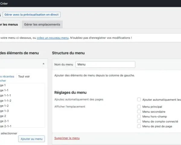Interface WordPress pour la gestion des menus, permettant de créer et modifier un wordpress dropdown menu.