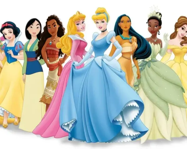 Wszystkie postacie z bajek księżniczki Disney'a stoją obok siebie, prezentując swoje piękne suknie.