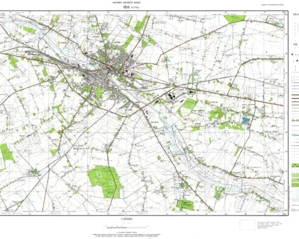 Mapa topograficzna okolic Kutna z zaznaczonymi drogami, rzekami i zabudowaniami. Idealna do planowania rozgraniczenie nieruchomości procedura.