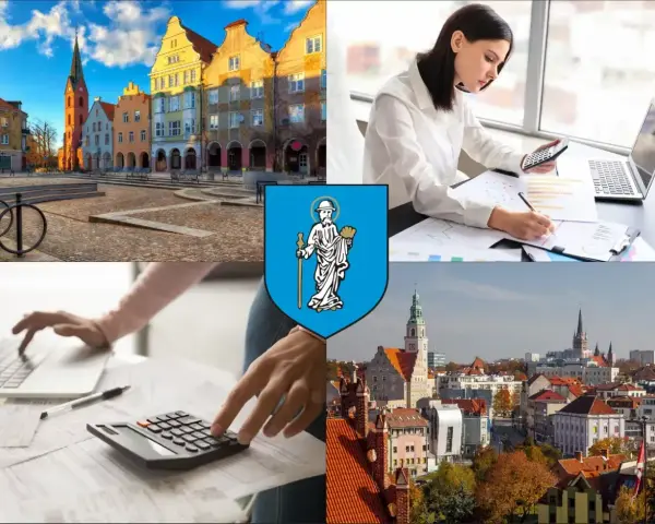 Kolaż: Rynek w Poznaniu, kobieta z kalkulatorem, herb Poznania, panorama miasta.