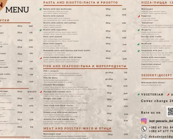Menu z Czarnogóry: przystawki, makarony, ryby, pizze i desery. Ceny w euro, np. pizza 9,9€, ryba 5,9€/100g.