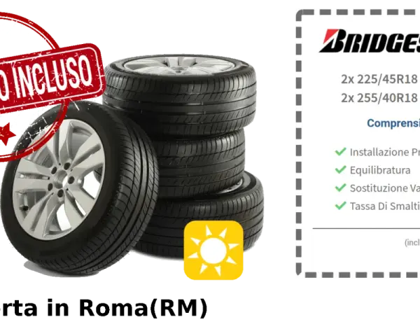 Offerta pneumatici Bridgestone con montaggio incluso. Gomme consumate ai lati? Sostituiscile con questo set completo a Roma.