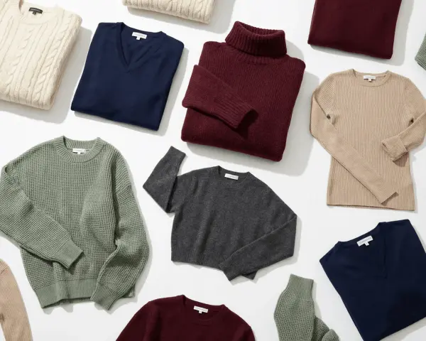 Una collezione di maglieria in varie tonalità: beige, blu, bordeaux, grigio e verde. Il maglione a trecce beige evoca un senso di calore e tradizione, mentre i modelli a collo alto e scollo a V offrono eleganza.