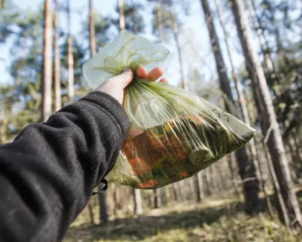 Ręka trzyma worek ze śmieciami w lesie. Zasady "leave no trace" to dbanie o przyrodę.