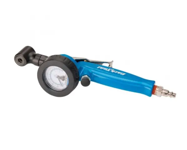 Gonfleur de pneu bleu avec manomètre.