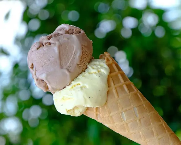 Zwei Kugeln Eis, Schoko und Vanille, in einer Waffel. Sind Eiswaffeln vegan? Diese hier sehen köstlich aus!