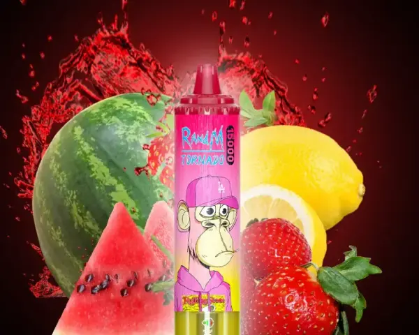 Explosión de sabores tropicales: sandía, limón, fresas y kiwi en un torbellino de jugo rojo.