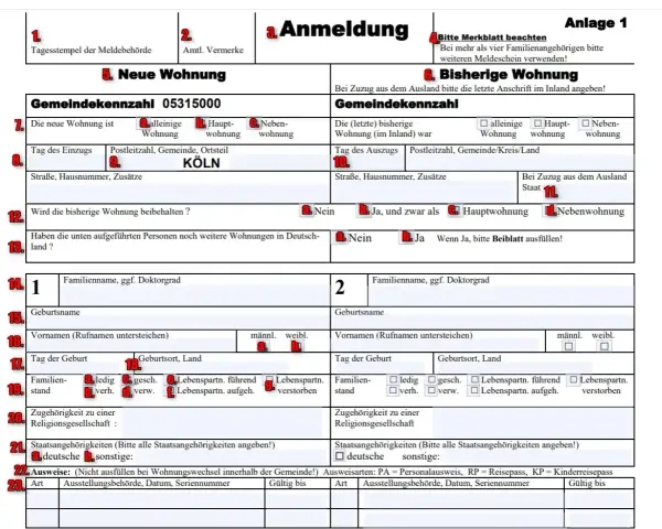 Formular Anmeldung, sekcja "Neue Wohnung" (nowe mieszkanie) zawiera dane dotyczące meldunku tymczasowego w Kolonii.