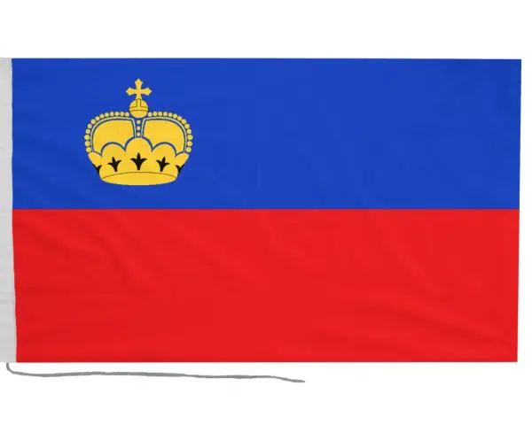 Flaga Liechtenstein: niebieski pas u góry, czerwony u dołu, a na górnym pasie złota korona.