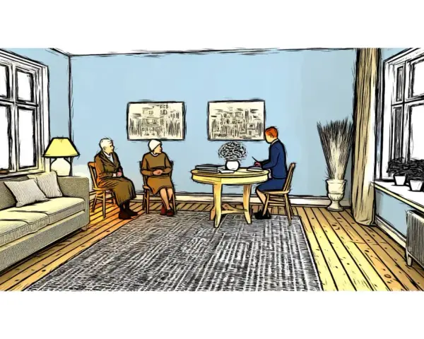 Dos ancianos esperan en una sala de estar azul, uno frente a un escritorio donde un joven revisa un contrato precario.