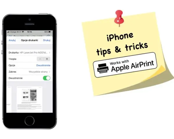 Ekran iPhone'a z opcjami drukowania, pokazujący drukarkę HP LaserJet Pro M201d i ustawienia dwustronne. Obok żółta karteczka z napisem "iPhone tips & tricks" i logo "Works with Apple AirPrint".