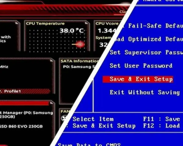 Ekran BIOS-u z informacjami o temperaturze CPU i opcjami, jak odpalić BIOS, w tym "Save & Exit Setup".