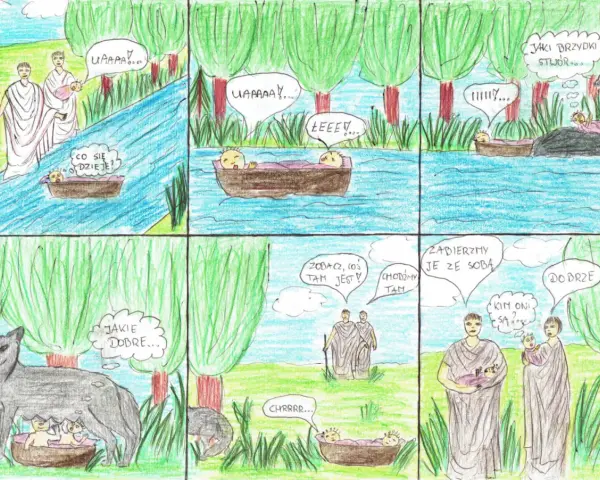 Rysunek komiksowy przedstawia porzucenie niemowląt w koszykach na rzece, które ratuje wilczyca.