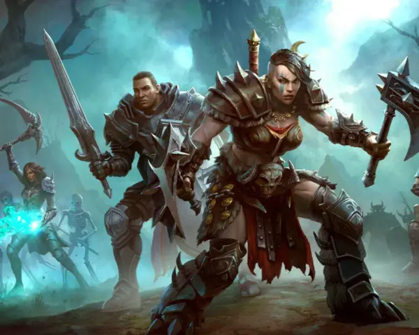 Wojownicy z Diablo Immortal na PS5 walczą z armią szkieletów i demonów.