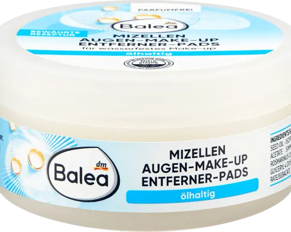 Balea Mizellen Augen-Make-up Entferner Pads, ölhaltig, in weißer Dose mit blauem Etikett.