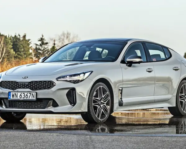 Elegancka Kia Stinger 2025 w kolorze srebrnym, zaparkowana na mokrej nawierzchni, z drzewami w tle.