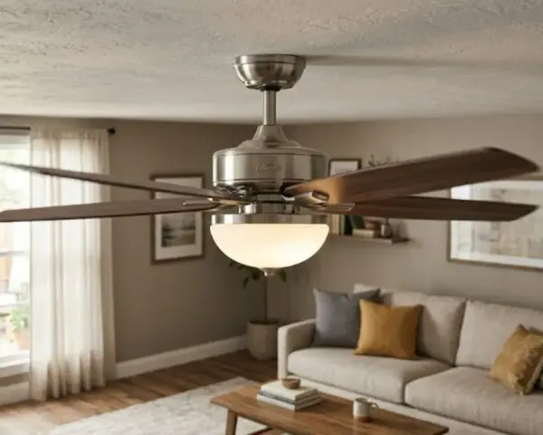 Ventilador de techo con luz, ideal para el invierno y verano, creando un ambiente acogedor en el salón.