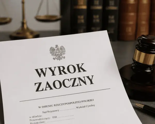 Dokument "Wyrok zaoczny" na biurku prawnika, obok młotka sędziowskiego i wagi sprawiedliwości. Czas na sprzeciw od wyroku zaocznego.
