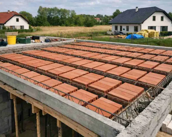 Budowa domu w toku. Widoczny strop gęstożebrowy z pustaków ceramicznych, przygotowany do zalania betonem.
