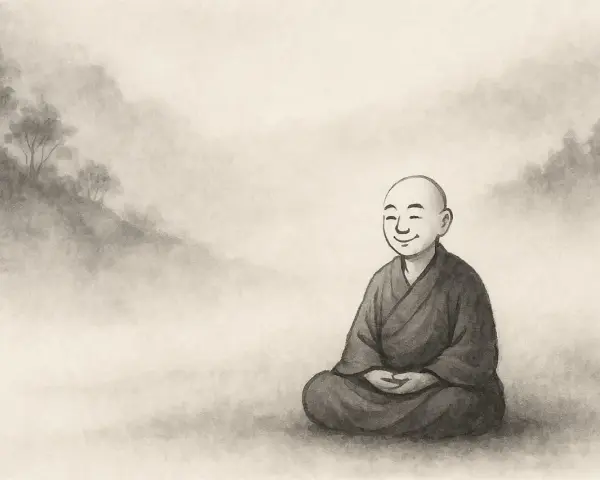 A smiling hermit monk sits in meditation amidst a misty, mountainous landscape.