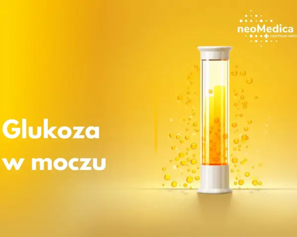 Biały napis "Glukoza w moczu" na żółtym tle. Obok probówka z żółtym płynem i pęcherzykami.