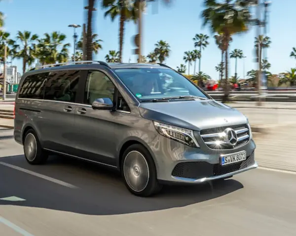 Szary Mercedes minivan jedzie ulicą w słoneczny dzień, otoczony palmami.