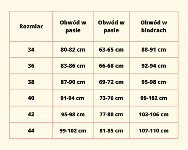 Tabela rozmiarów od 34 do 44. Rozmiar 40 odpowiada obwodowi w pasie 91-94 cm i biodrach 99-102 cm.