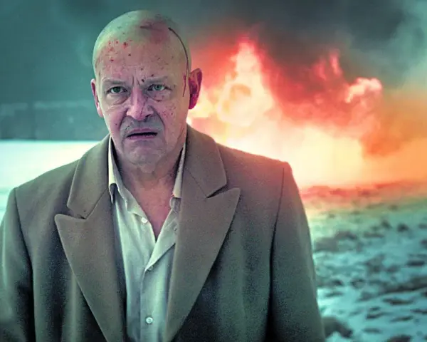 Jan Frycz w dramatycznej scenie, jak z najlepszych filmów i seriali. W tle płomienie, na głowie ślady walki.