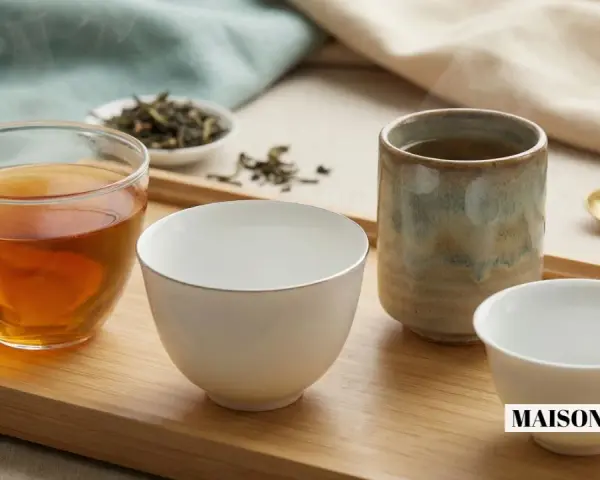 Quatre tasses de thé, dont une en verre remplie d'une infusion ambrée, invitent à choisir quel thé déguster.
