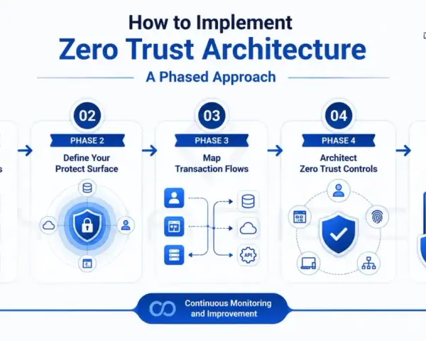 Diagram illustrating the 5 phases of implementing Zero Trust Architecture, inspired by NIST SP 800-207, from asset identification to continuous monitoring.