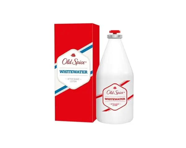 Woda po goleniu Old Spice Whitewater w białej butelce z czerwonym akcentem i pudełkiem.