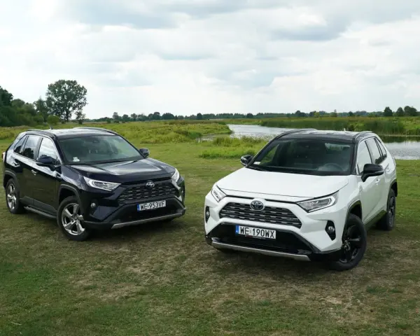 Dwa SUV-y: ciemny i biały Toyota RAV4 hybryda, stoją na łące nad jeziorem.