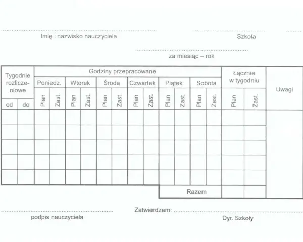 Tabela do rozliczania godzin pracy pedagoga specjalnego. Określa etat pedagoga specjalnego ile godzin przepracowano w tygodniu.