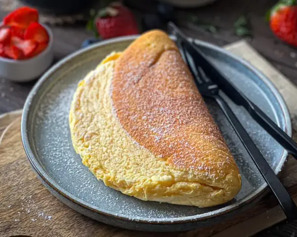 Puszysty omlet, lekko przyprószony cukrem pudrem, czeka na talerzu obok czarnych sztućców. W tle miseczka z truskawkami.