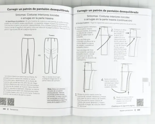 Diagramas de costura para ajustar patrones de pantalones desequilibrados, mostrando cómo corregir costuras torcidas y arrugas.